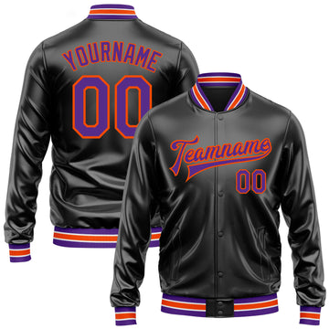 Custom Black Purple-Orange Bomber Full-Snap Varsity Faux Leather Letterman Jacket