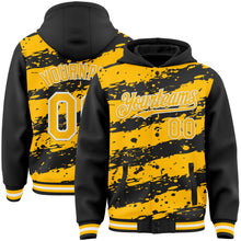 Load image into Gallery viewer, Custom Black Gold-White Splash 3D Pattern Design Bomber Full-Snap Varsity Letterman Hoodie Jacket
