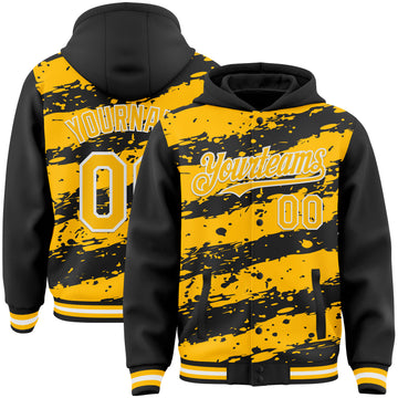 Custom Black Gold-White Splash 3D Pattern Design Bomber Full-Snap Varsity Letterman Hoodie Jacket