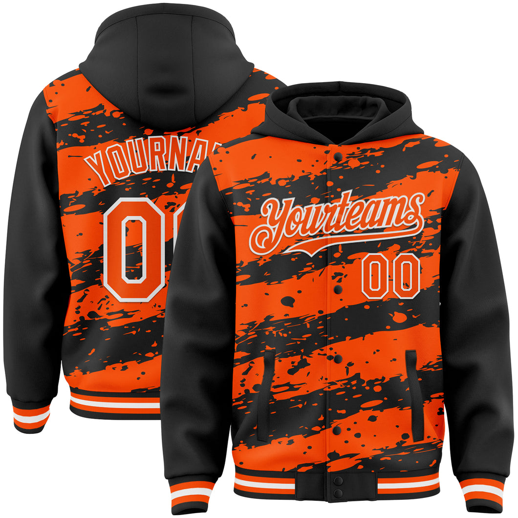 Custom Black Orange-White Splash 3D Pattern Design Bomber Full-Snap Varsity Letterman Hoodie Jacket