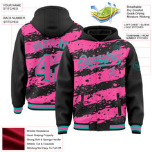 Laden Sie das Bild in den Galerie-Viewer, Custom Black Pink-Aqua Splash 3D Pattern Design Bomber Full-Snap Varsity Letterman Hoodie Jacket
