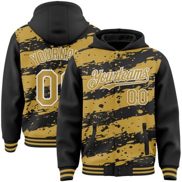 Custom Black Old Gold-White Splash 3D Pattern Design Bomber Full-Snap Varsity Letterman Hoodie Jacket
