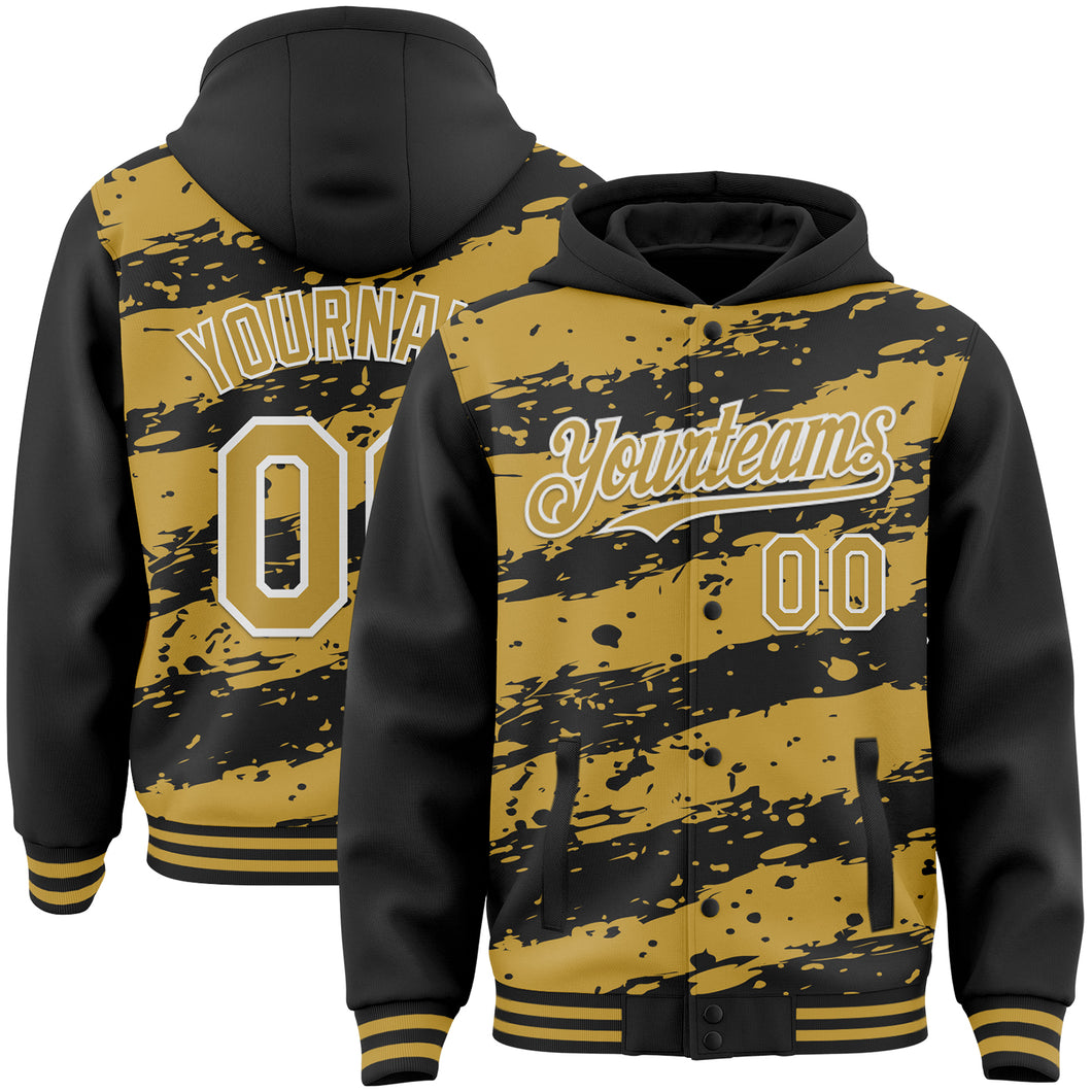 Custom Black Old Gold-White Splash 3D Pattern Design Bomber Full-Snap Varsity Letterman Hoodie Jacket