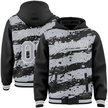 Custom Black Gray-White Splash 3D Pattern Design Bomber Full-Snap Varsity Letterman Hoodie Jacket