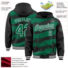 Load image into Gallery viewer, Custom Black Kelly Green-White Splash 3D Pattern Design Bomber Full-Snap Varsity Letterman Hoodie Jacket
