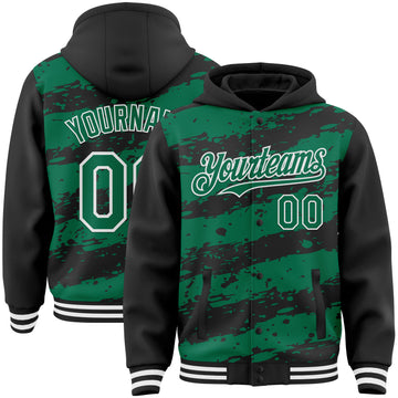 Custom Black Kelly Green-White Splash 3D Pattern Design Bomber Full-Snap Varsity Letterman Hoodie Jacket