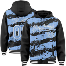 Load image into Gallery viewer, Custom Black Light Blue-White Splash 3D Pattern Design Bomber Full-Snap Varsity Letterman Hoodie Jacket
