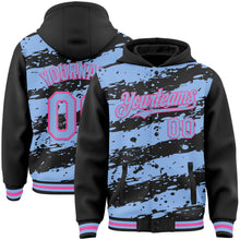 Load image into Gallery viewer, Custom Black Light Blue-Pink Splash 3D Pattern Design Bomber Full-Snap Varsity Letterman Hoodie Jacket
