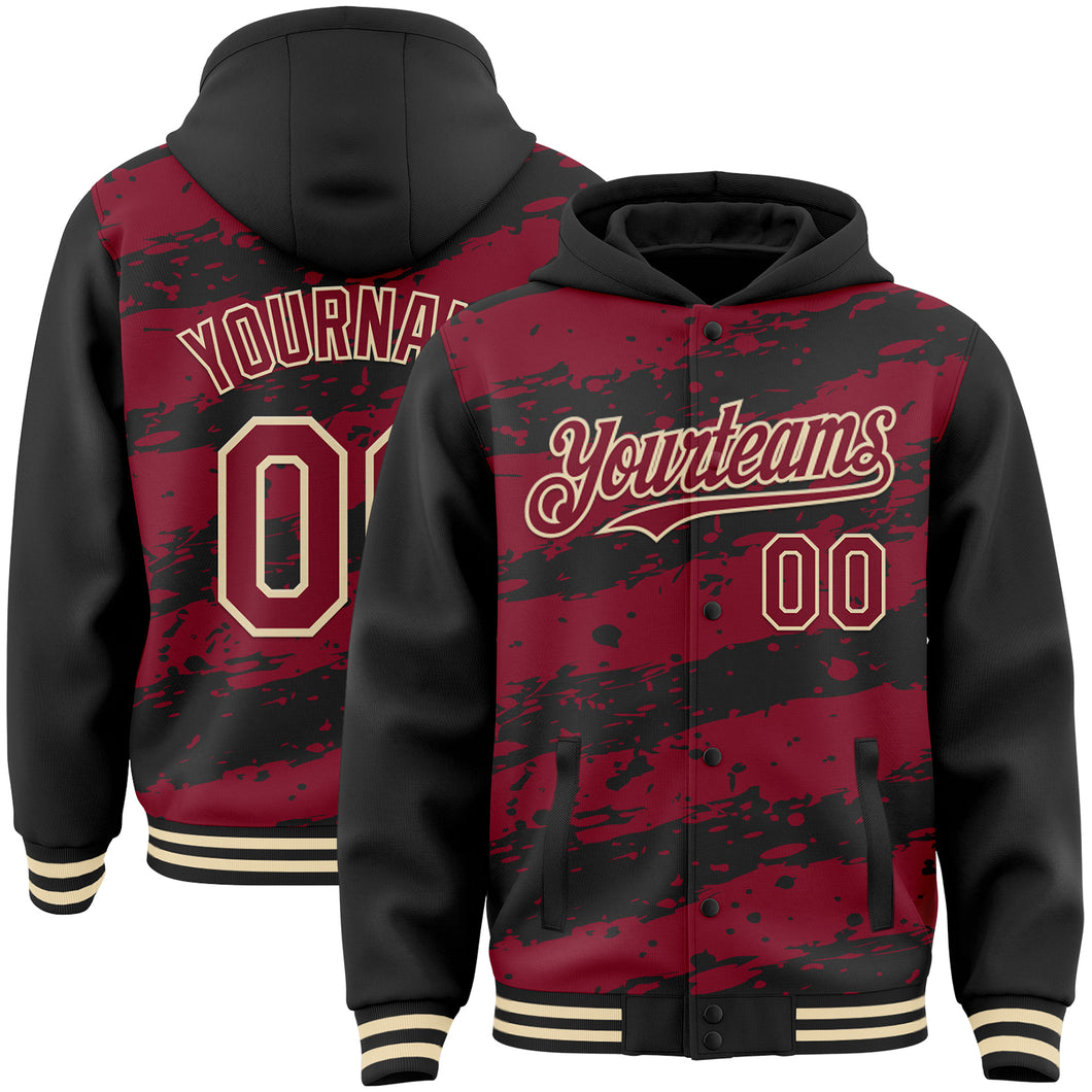 Custom Black Crimson-Cream Splash 3D Pattern Design Bomber Full-Snap Varsity Letterman Hoodie Jacket
