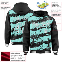 Load image into Gallery viewer, Custom Black Ice Blue-White Splash 3D Pattern Design Bomber Full-Snap Varsity Letterman Hoodie Jacket
