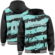 Load image into Gallery viewer, Custom Black Ice Blue-White Splash 3D Pattern Design Bomber Full-Snap Varsity Letterman Hoodie Jacket
