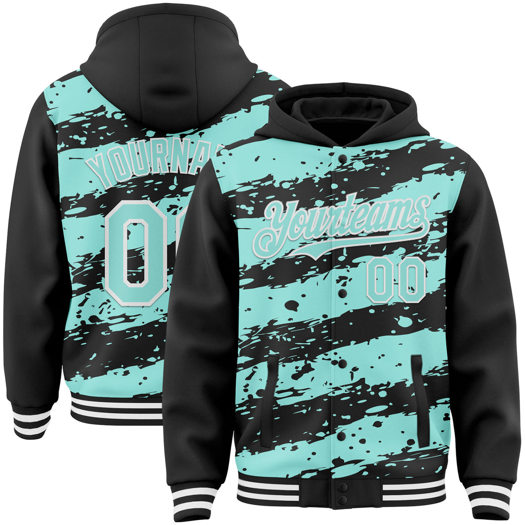 Custom Black Ice Blue-White Splash 3D Pattern Design Bomber Full-Snap Varsity Letterman Hoodie Jacket