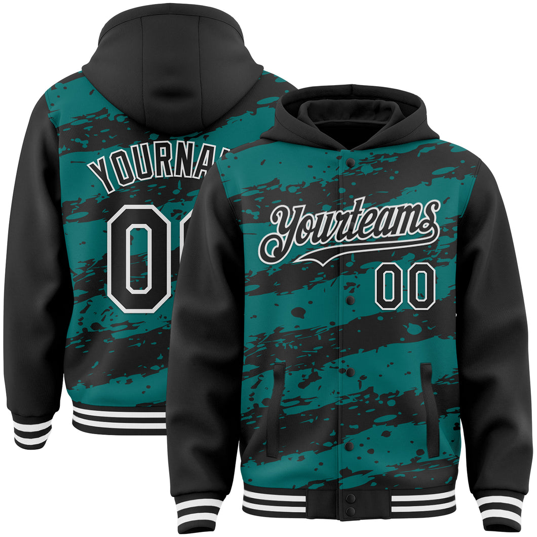 Custom Teal Black-White Splash 3D Pattern Design Bomber Full-Snap Varsity Letterman Hoodie Jacket