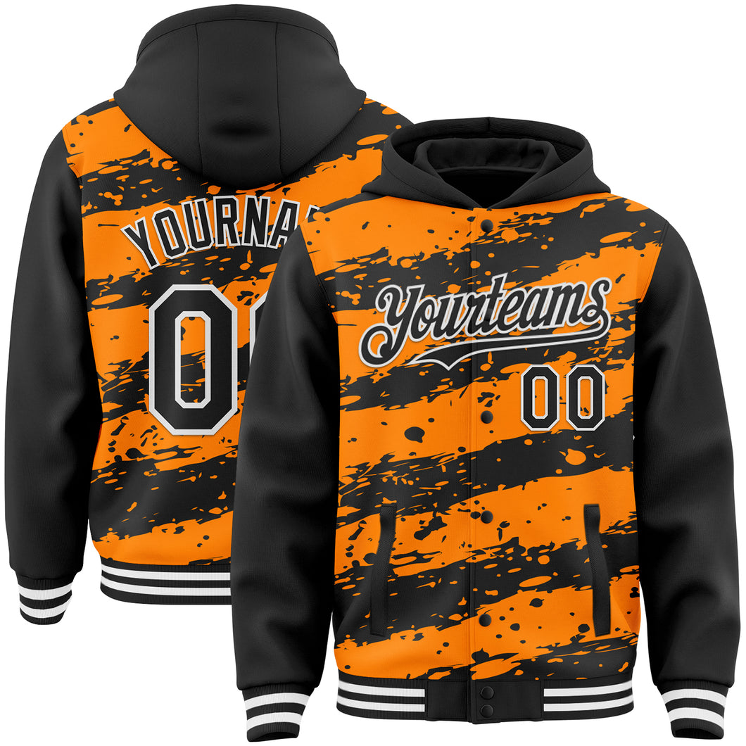 Custom Bay Orange Black-White Splash 3D Pattern Design Bomber Full-Snap Varsity Letterman Hoodie Jacket