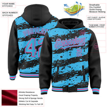 Load image into Gallery viewer, Custom Black Sky Blue-Pink Splash 3D Pattern Design Bomber Full-Snap Varsity Letterman Hoodie Jacket
