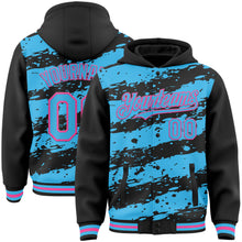 Load image into Gallery viewer, Custom Black Sky Blue-Pink Splash 3D Pattern Design Bomber Full-Snap Varsity Letterman Hoodie Jacket
