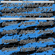 Laden Sie das Bild in den Galerie-Viewer, Custom Powder Blue Black-White Splash 3D Pattern Design Bomber Full-Snap Varsity Letterman Hoodie Jacket
