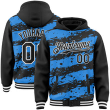 Laden Sie das Bild in den Galerie-Viewer, Custom Powder Blue Black-White Splash 3D Pattern Design Bomber Full-Snap Varsity Letterman Hoodie Jacket
