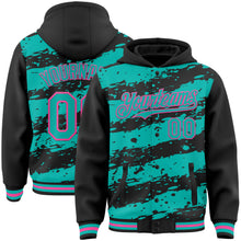 Load image into Gallery viewer, Custom Black Aqua-Pink Splash 3D Pattern Design Bomber Full-Snap Varsity Letterman Hoodie Jacket
