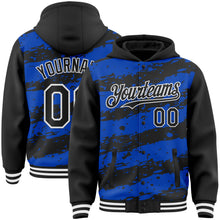 Load image into Gallery viewer, Custom Thunder Blue Black-White Splash 3D Pattern Design Bomber Full-Snap Varsity Letterman Hoodie Jacket
