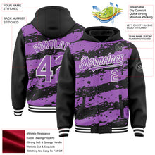 Load image into Gallery viewer, Custom Black Medium Purple-White Splash 3D Pattern Design Bomber Full-Snap Varsity Letterman Hoodie Jacket
