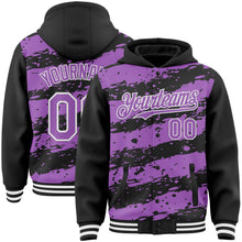Load image into Gallery viewer, Custom Black Medium Purple-White Splash 3D Pattern Design Bomber Full-Snap Varsity Letterman Hoodie Jacket
