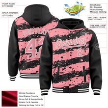 Load image into Gallery viewer, Custom Black Medium Pink-White Splash 3D Pattern Design Bomber Full-Snap Varsity Letterman Hoodie Jacket
