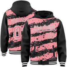 Load image into Gallery viewer, Custom Black Medium Pink-White Splash 3D Pattern Design Bomber Full-Snap Varsity Letterman Hoodie Jacket
