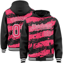Load image into Gallery viewer, Custom Black Neon Pink-White Splash 3D Pattern Design Bomber Full-Snap Varsity Letterman Hoodie Jacket
