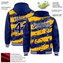 Загрузить изображение в средство просмотра галереи, Custom Gold Royal-White Splash 3D Pattern Design Bomber Full-Snap Varsity Letterman Hoodie Jacket
