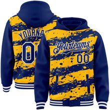 Загрузить изображение в средство просмотра галереи, Custom Gold Royal-White Splash 3D Pattern Design Bomber Full-Snap Varsity Letterman Hoodie Jacket
