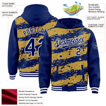 Загрузить изображение в средство просмотра галереи, Custom Old Gold Royal-White Splash 3D Pattern Design Bomber Full-Snap Varsity Letterman Hoodie Jacket
