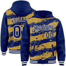 Загрузить изображение в средство просмотра галереи, Custom Old Gold Royal-White Splash 3D Pattern Design Bomber Full-Snap Varsity Letterman Hoodie Jacket
