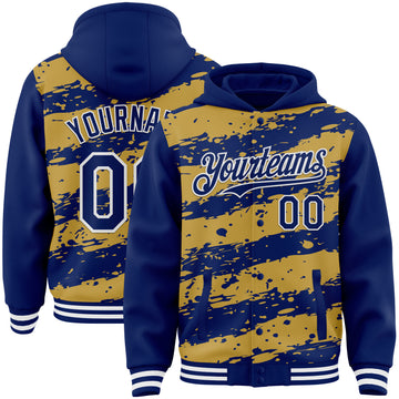 Custom Old Gold Royal-White Splash 3D Pattern Design Bomber Full-Snap Varsity Letterman Hoodie Jacket