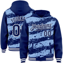 Load image into Gallery viewer, Custom Light Blue Royal-White Splash 3D Pattern Design Bomber Full-Snap Varsity Letterman Hoodie Jacket
