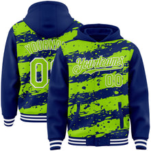 Загрузить изображение в средство просмотра галереи, Custom Royal Neon Green-White Splash 3D Pattern Design Bomber Full-Snap Varsity Letterman Hoodie Jacket
