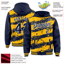 Load image into Gallery viewer, Custom Gold Navy-White Splash 3D Pattern Design Bomber Full-Snap Varsity Letterman Hoodie Jacket
