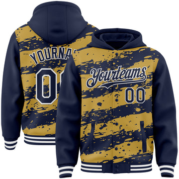 Custom Old Gold Navy-White Splash 3D Pattern Design Bomber Full-Snap Varsity Letterman Hoodie Jacket