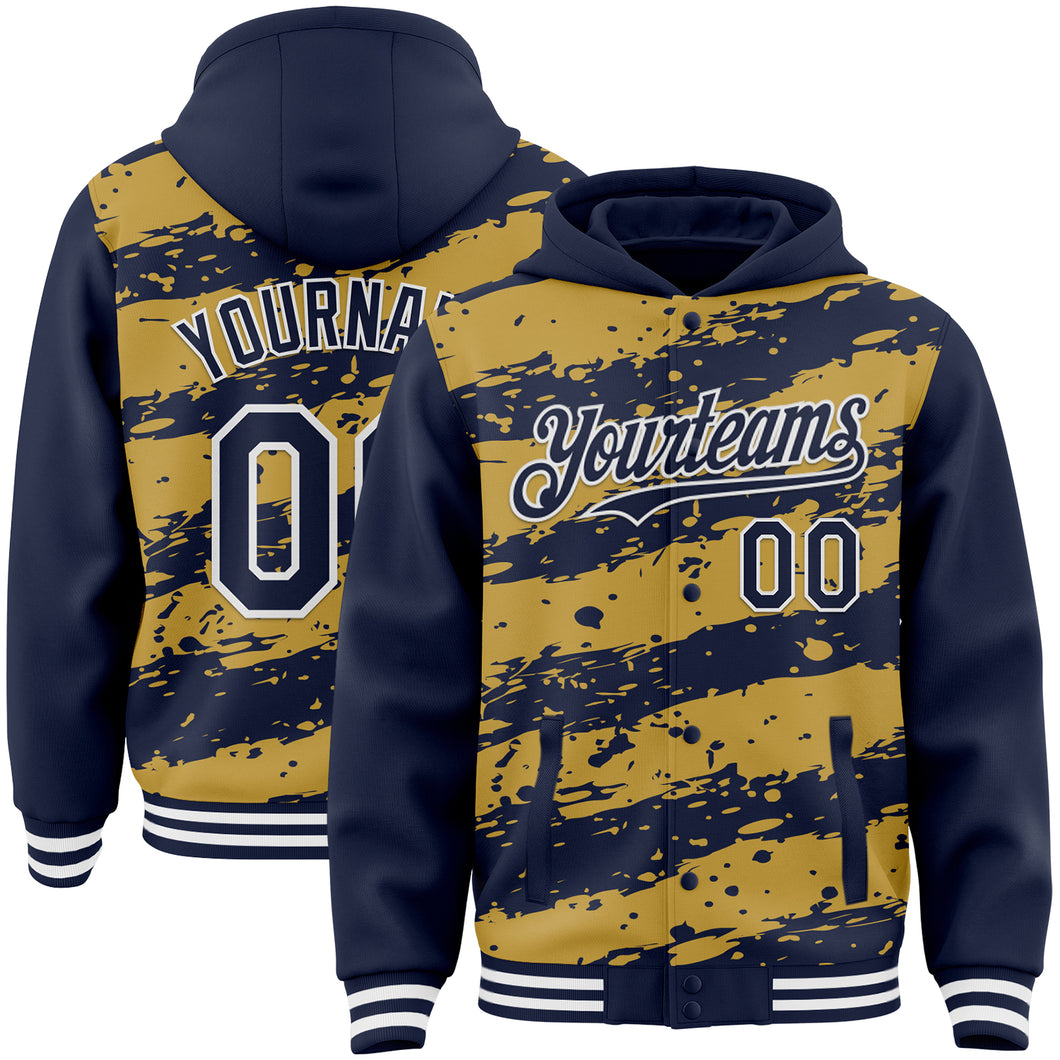 Custom Old Gold Navy-White Splash 3D Pattern Design Bomber Full-Snap Varsity Letterman Hoodie Jacket