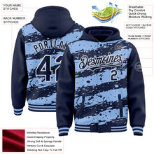 Load image into Gallery viewer, Custom Light Blue Navy-White Splash 3D Pattern Design Bomber Full-Snap Varsity Letterman Hoodie Jacket
