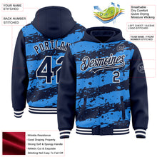 Load image into Gallery viewer, Custom Powder Blue Navy-White Splash 3D Pattern Design Bomber Full-Snap Varsity Letterman Hoodie Jacket
