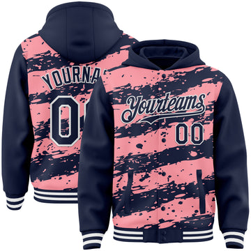 Custom Medium Pink Navy-White Splash 3D Pattern Design Bomber Full-Snap Varsity Letterman Hoodie Jacket