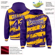 Загрузить изображение в средство просмотра галереи, Custom Gold Purple-White Splash 3D Pattern Design Bomber Full-Snap Varsity Letterman Hoodie Jacket
