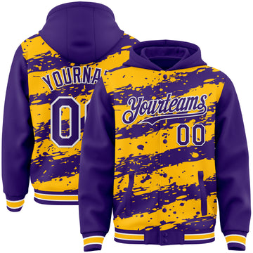 Custom Gold Purple-White Splash 3D Pattern Design Bomber Full-Snap Varsity Letterman Hoodie Jacket
