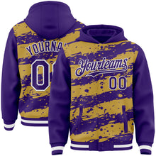 Загрузить изображение в средство просмотра галереи, Custom Old Gold Purple-White Splash 3D Pattern Design Bomber Full-Snap Varsity Letterman Hoodie Jacket
