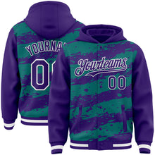 Загрузить изображение в средство просмотра галереи, Custom Teal Purple-White Splash 3D Pattern Design Bomber Full-Snap Varsity Letterman Hoodie Jacket
