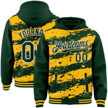 Custom Gold Green-White Splash 3D Pattern Design Bomber Full-Snap Varsity Letterman Hoodie Jacket