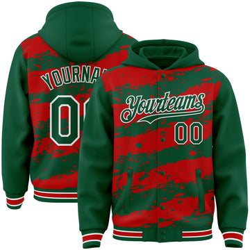 Custom Red Kelly Green-White Splash 3D Pattern Design Bomber Full-Snap Varsity Letterman Hoodie Jacket