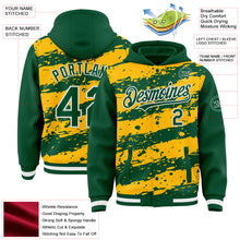 Загрузить изображение в средство просмотра галереи, Custom Gold Kelly Green-White Splash 3D Pattern Design Bomber Full-Snap Varsity Letterman Hoodie Jacket

