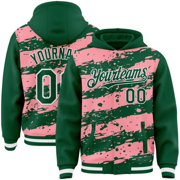 Custom Medium Pink Kelly Green-White Splash 3D Pattern Design Bomber Full-Snap Varsity Letterman Hoodie Jacket